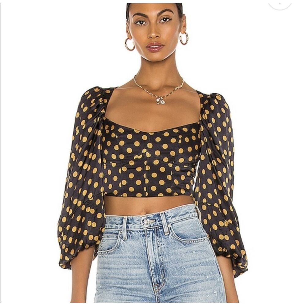 For Love & Lemons Blouse Womens Medium Black Orange Polka Dot Puff Sleeve Crop